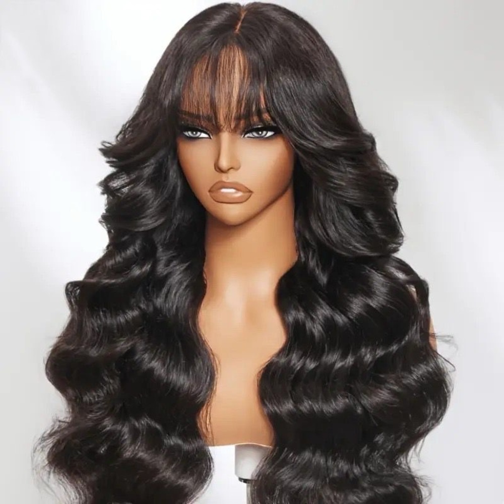24” 150% Density, 3x4 Lace Frontal Human Hair Wig, Loose Wave with Curtain Bangs